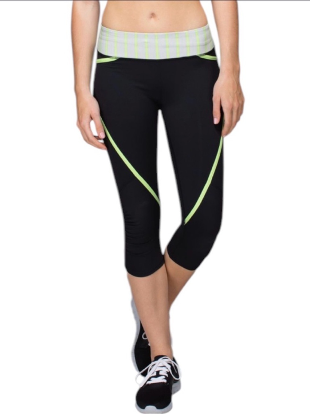 Lululemon‎ Run: Pace Crop Leggings In Black w/ Deauville Stripe Clear Mint Waist